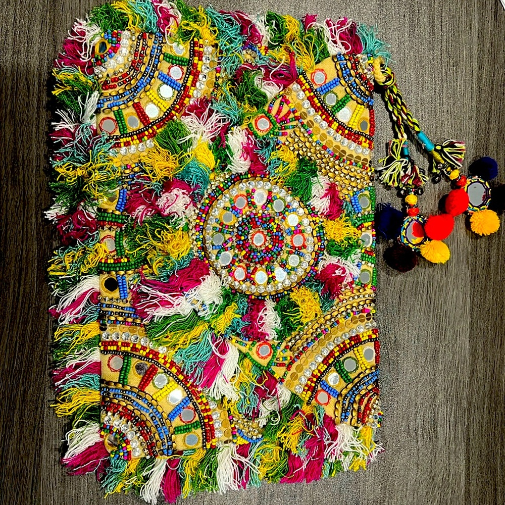 Desi Lyla beaded clutch with dust bag